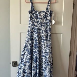 STAUD Blue and White Patterned Midi Dress